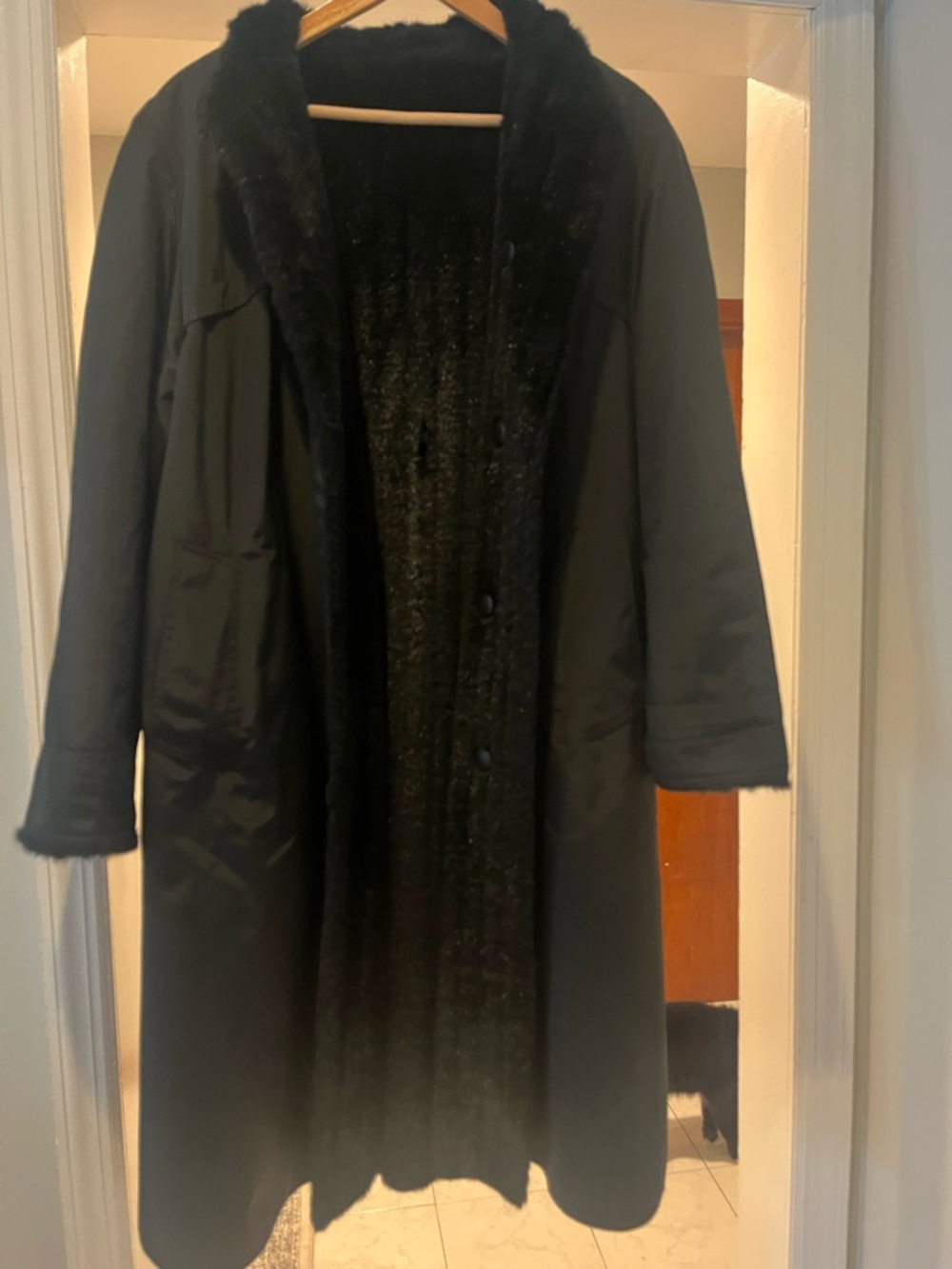 Aurielle Black Faux Fur-Trimmed Long Trench Coat